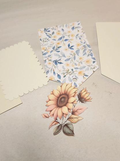 Floral-patterned fabric and sunflower illustration on a neutral background
