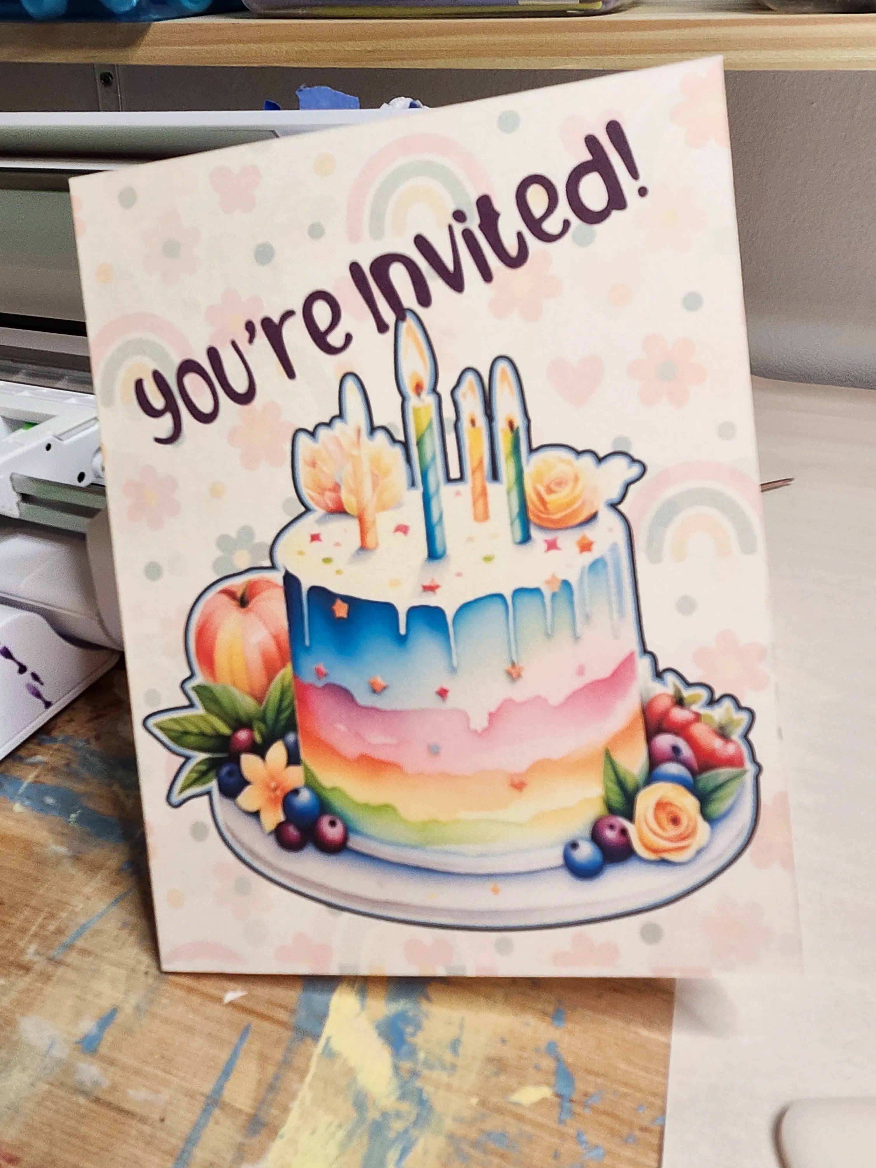 Invitation card with a colorful cake illustration and 'You're Invited!' text.