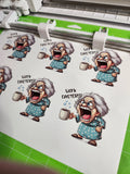 Sheet of stickers with cartoon grandma characters and text 'Work Faster!!' on a green grid background.