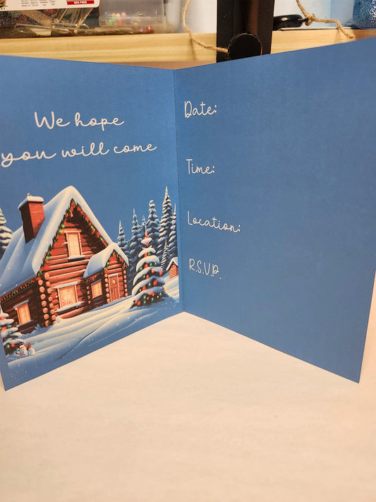 Invitation card with a snowy cabin illustration and text fields on a blue background.