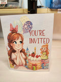 Invitation card with cartoon girl and birthday elements on a white background