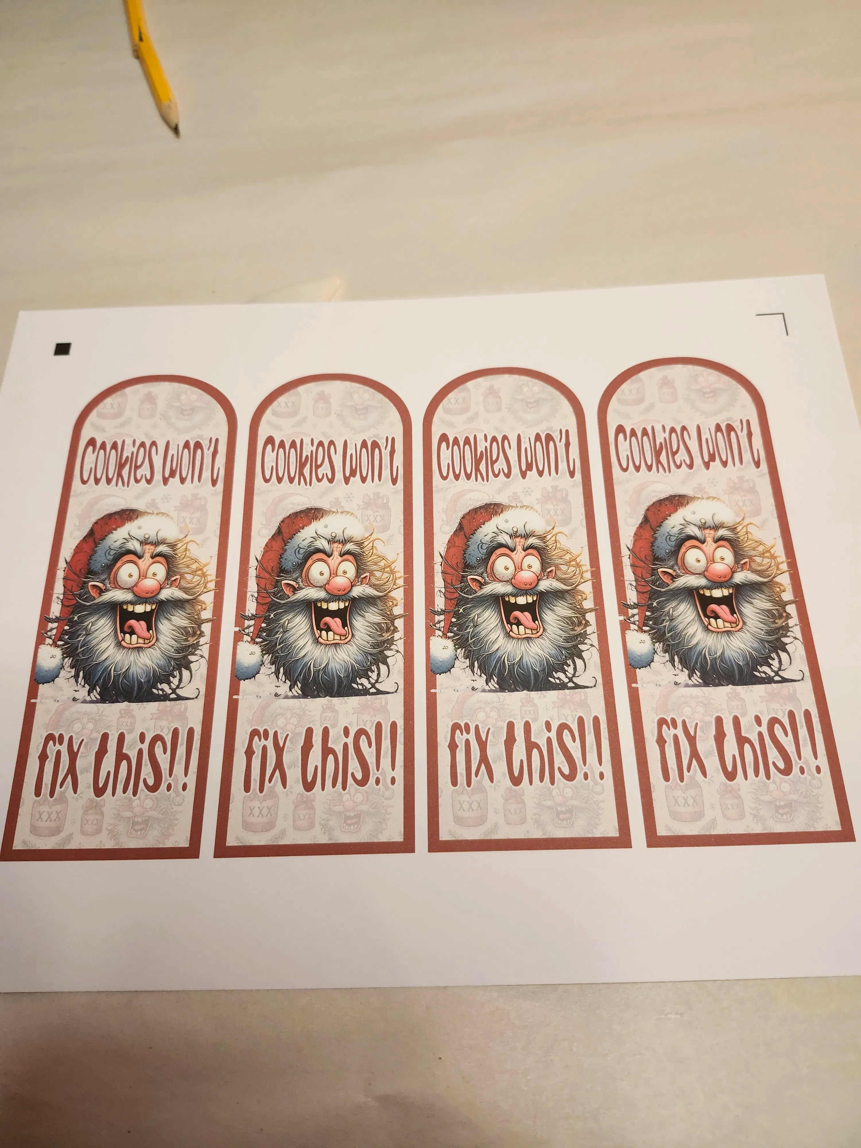 Four identical stickers with a cartoon character and text on a white background.