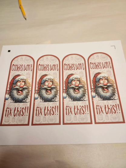 Four identical stickers with a cartoon character and text on a white background.