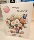 Packaging of a birthday card set with flowers, balloons, and a butterfly on a white background.