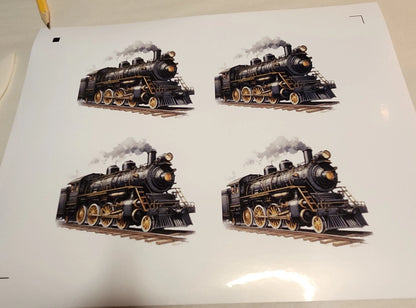 Four illustrations of a steam locomotive on a white sheet of paper.