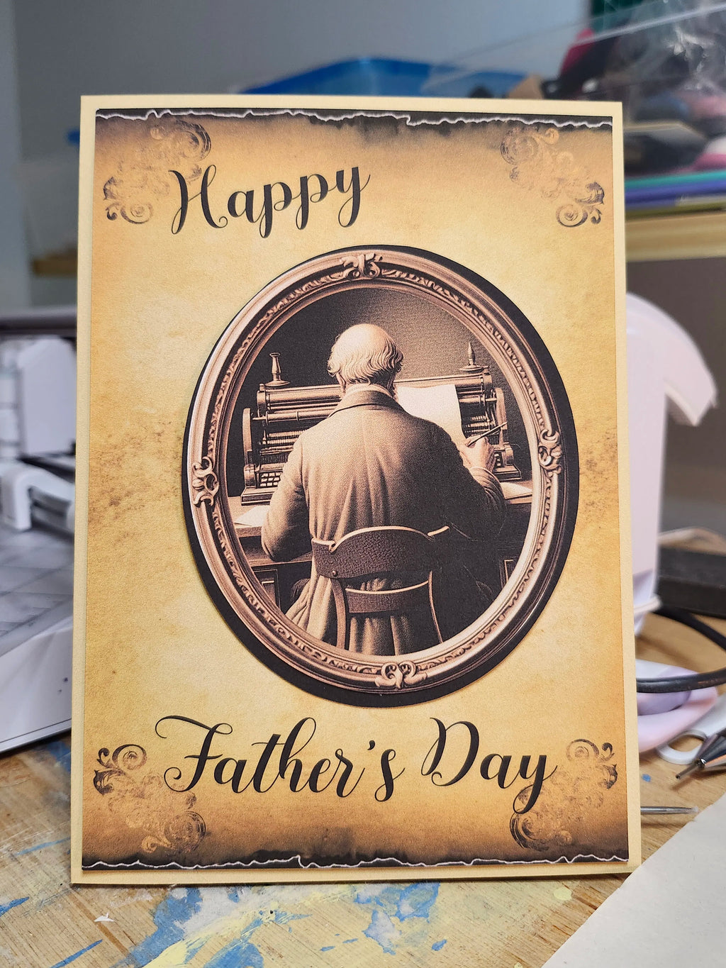 Father's Day card with a vintage-style illustration of a man playing an organ.