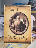 Father's Day card with a vintage-style illustration of a man playing an organ.
