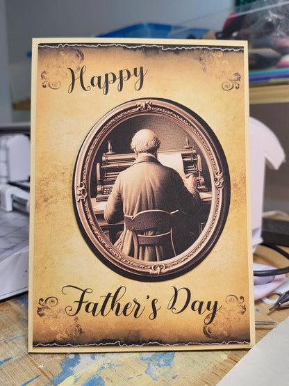 Father's Day card with a vintage-style illustration of a man playing an organ.