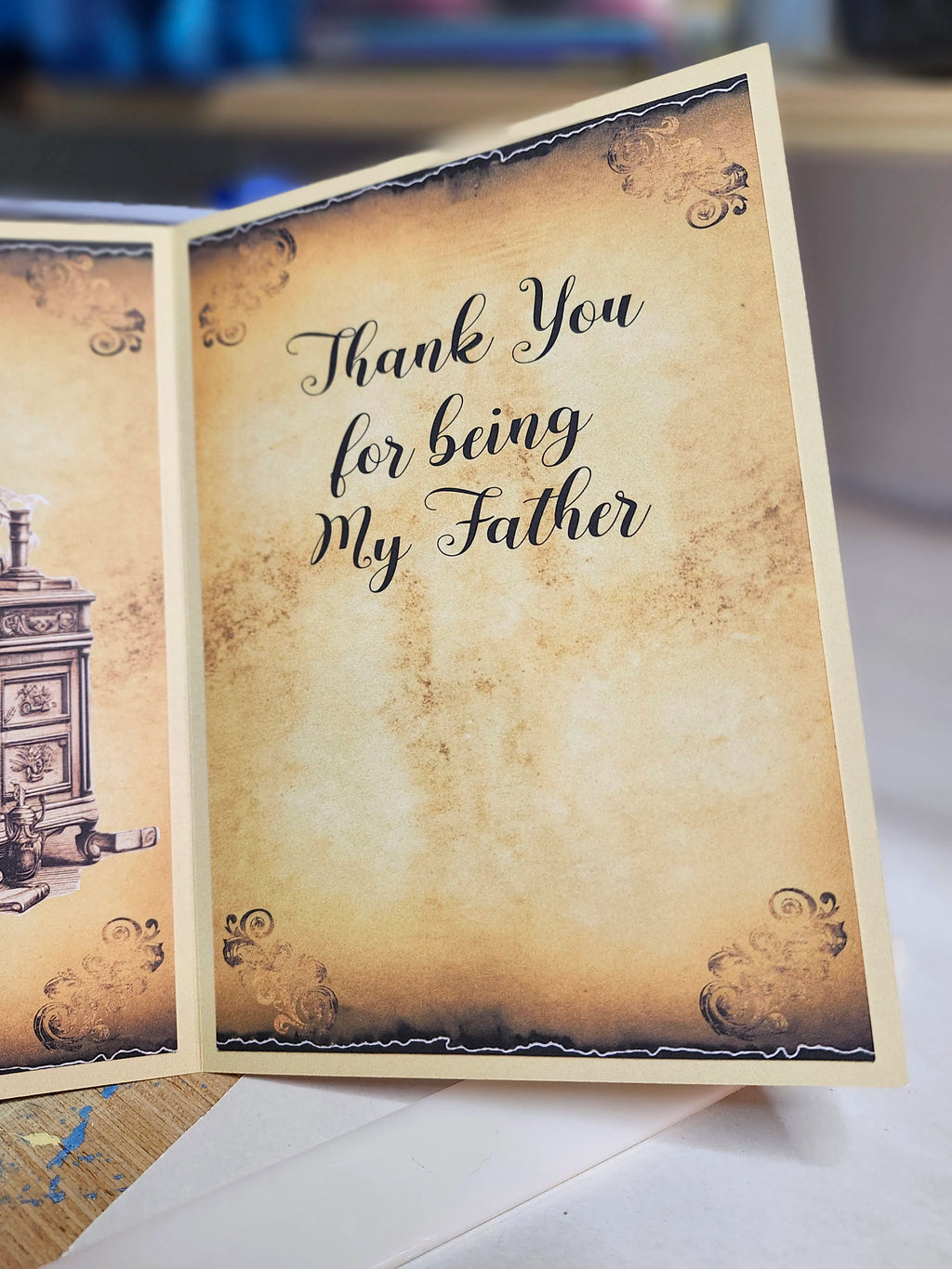 Greeting card with 'Thank You for being My Father' text on a textured background