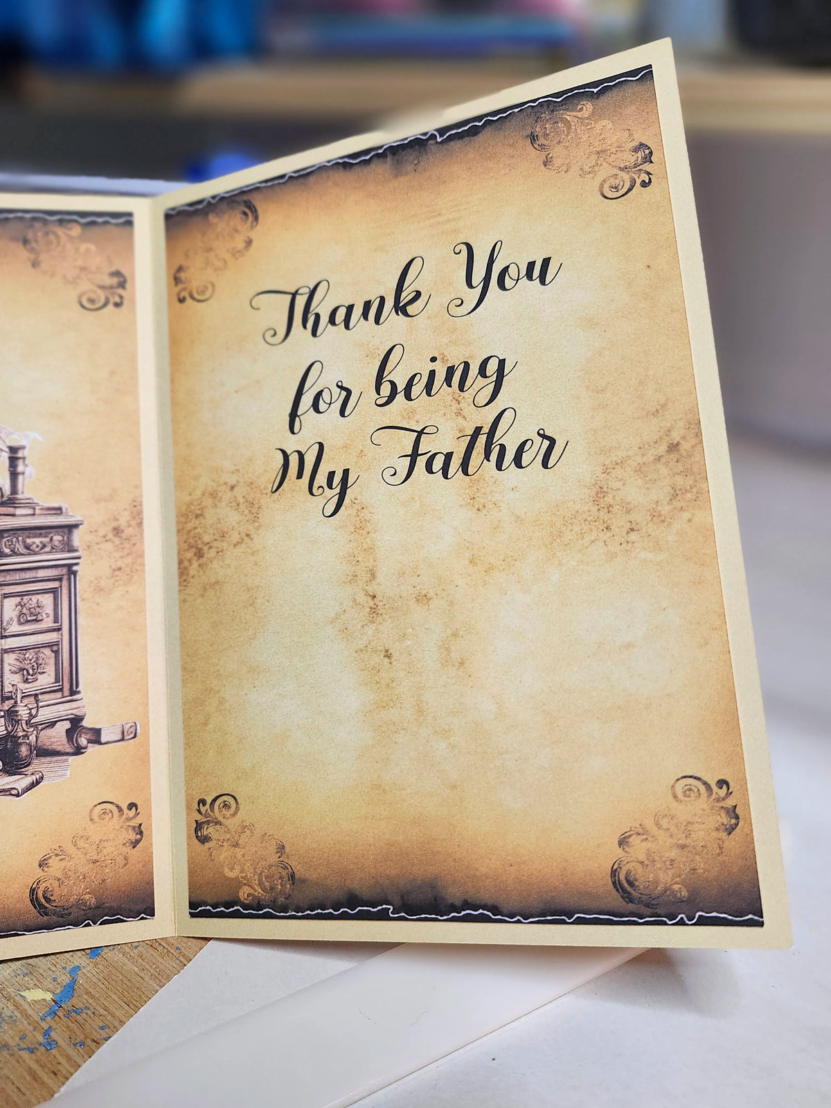 Greeting card with 'Thank You for being My Father' text on a textured background