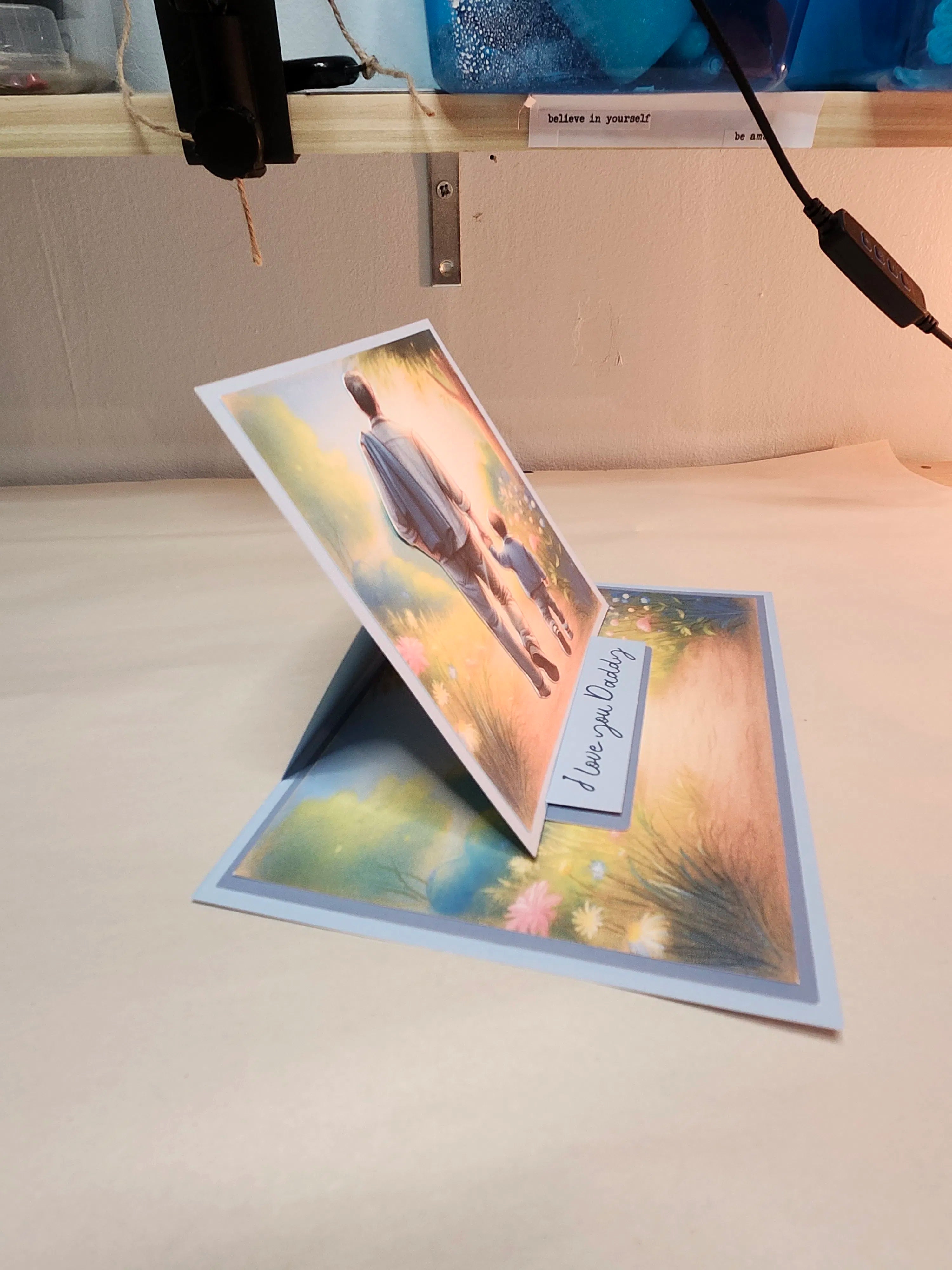 Greeting card with a printed design on a flat surface