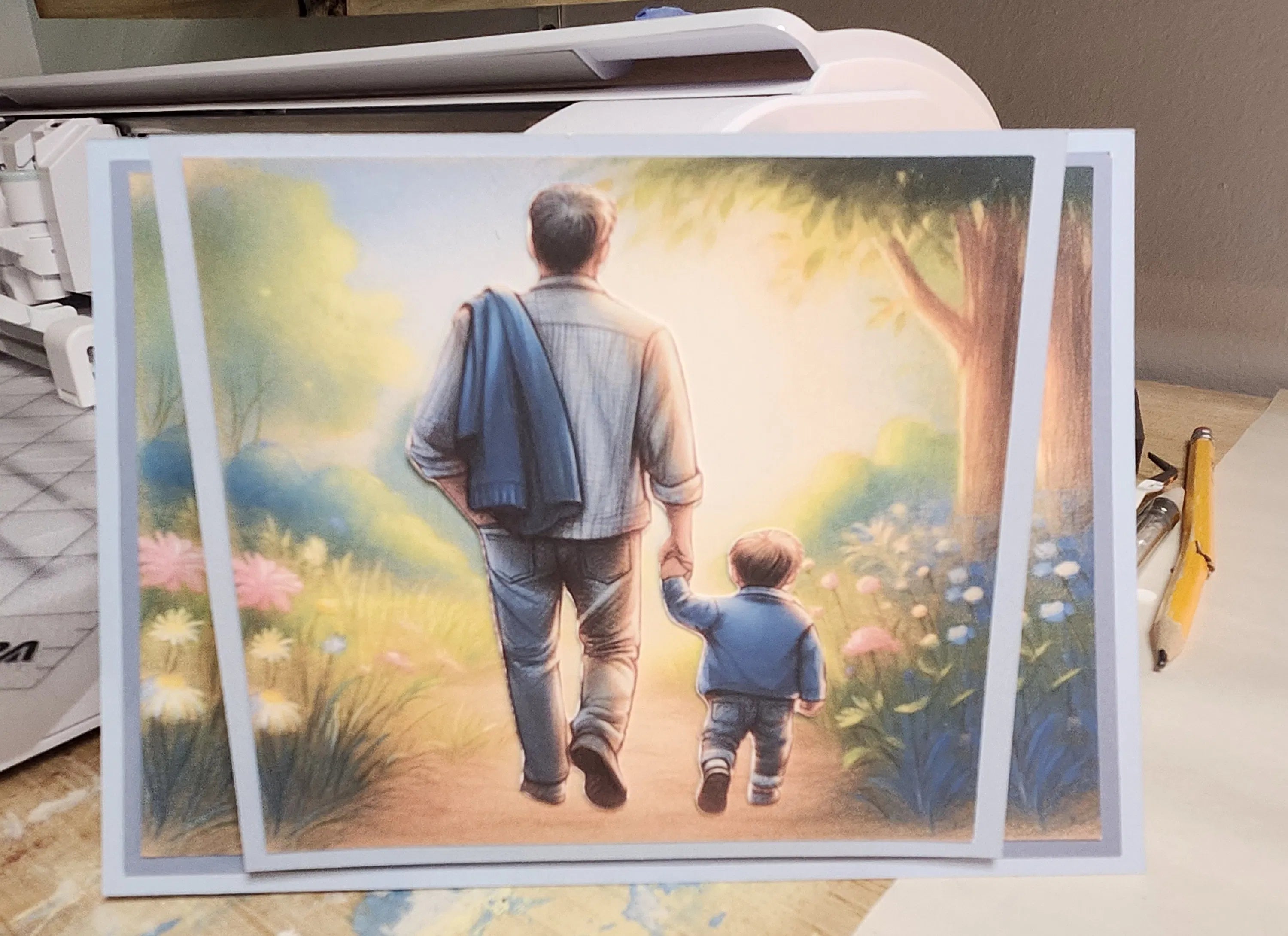 Illustration of a man and child walking together in a garden