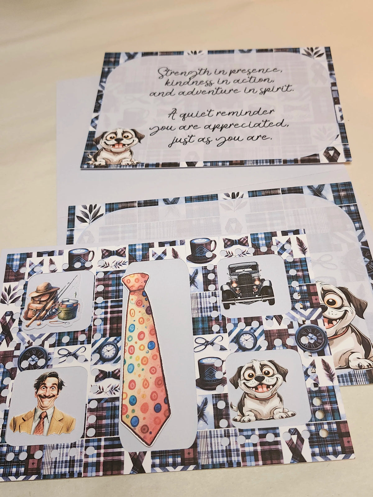 Set of greeting cards with dog illustrations and text on a patterned background