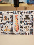 Collage of various illustrations including a tie, dogs, and other decorative elements on a patterned background.