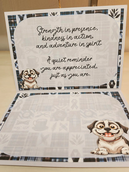 Card with dog illustrations and motivational text on a checkered background