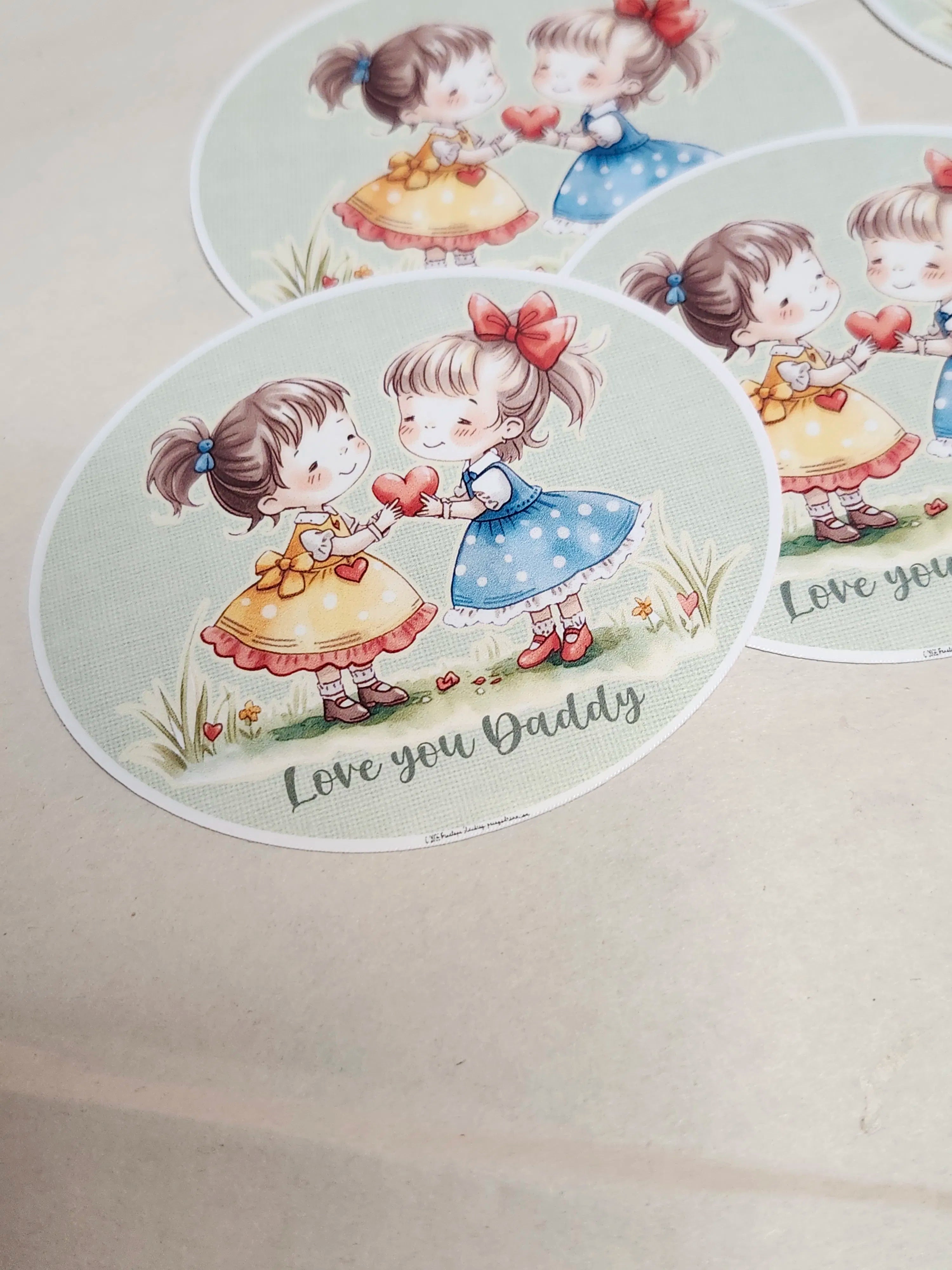 Sticker with two children holding hearts and 'Love you Daddy' text on a light background