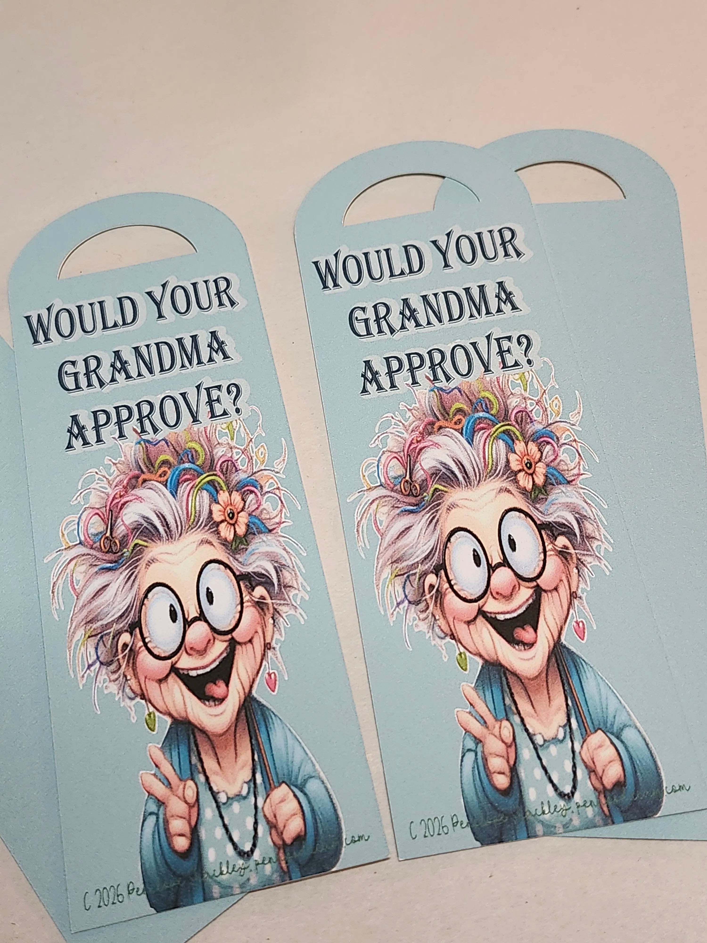 Two door hangers with cartoon grandma illustration and text 'Would your grandma approve?' on a beige background.