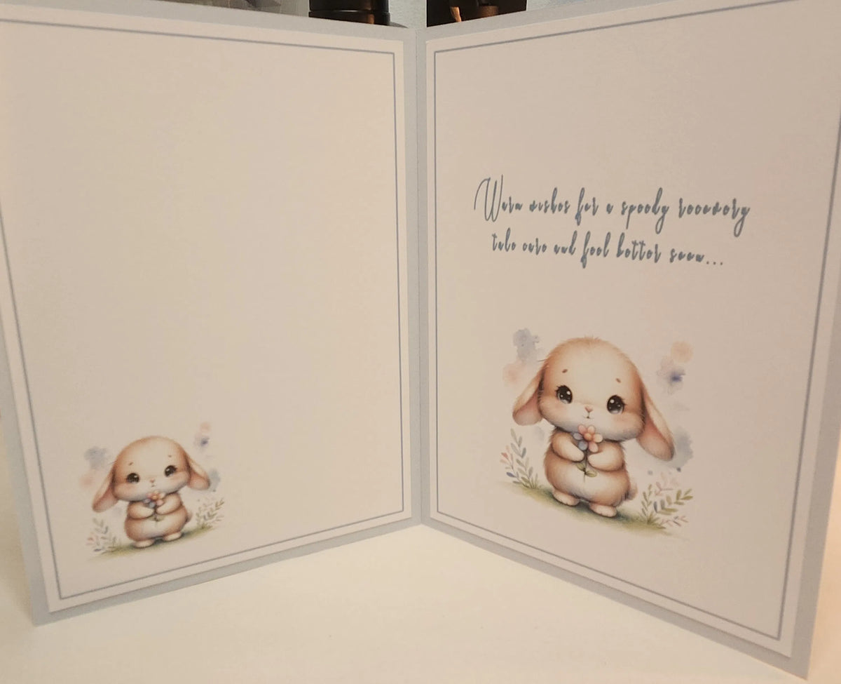 Greeting card with a cute illustration of a rabbit and text on a light background