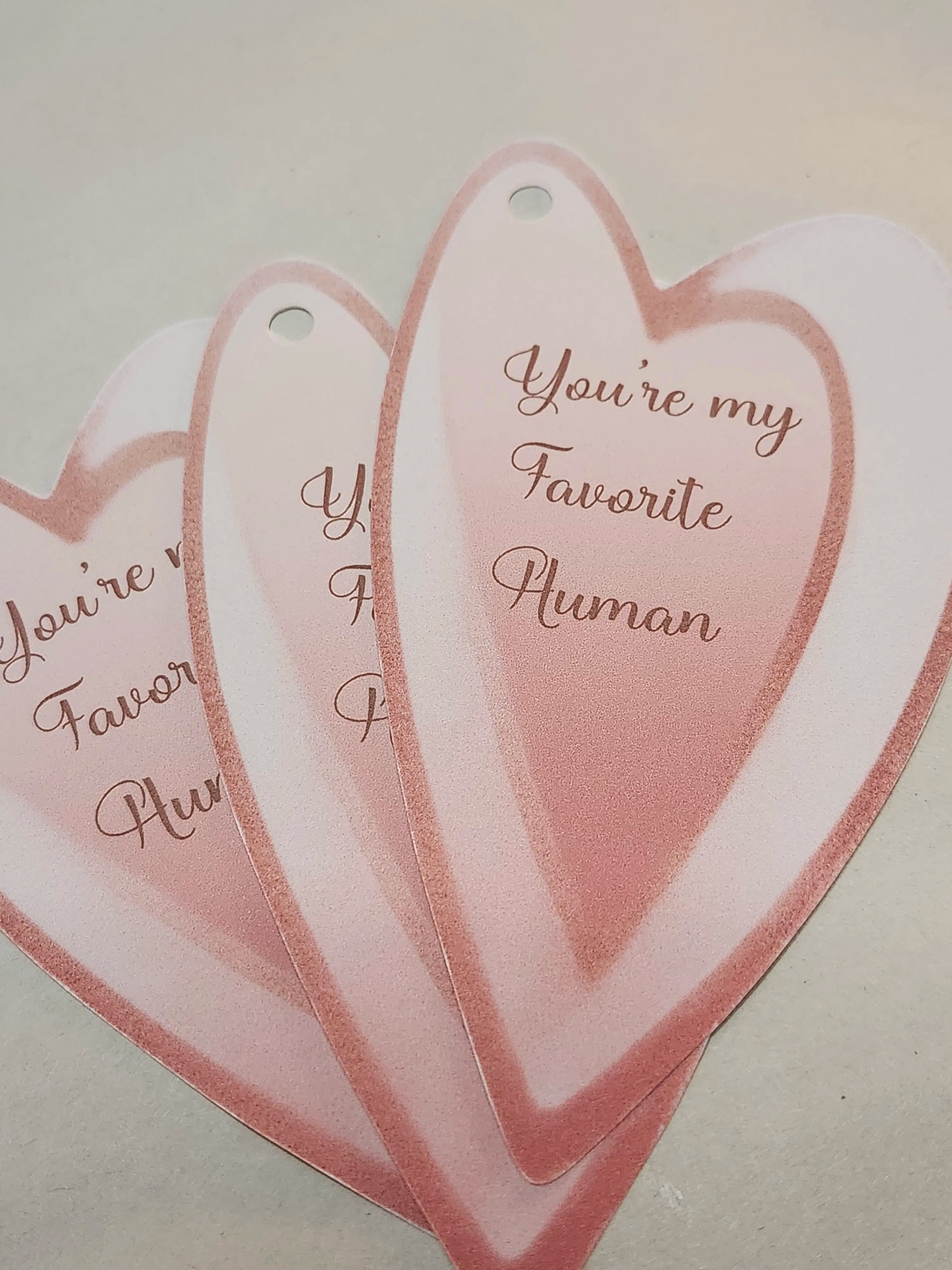 Three overlapping heart-shaped tags in soft pink and white, each printed with the phrase 'You're my Favorite Human' in cursive script.