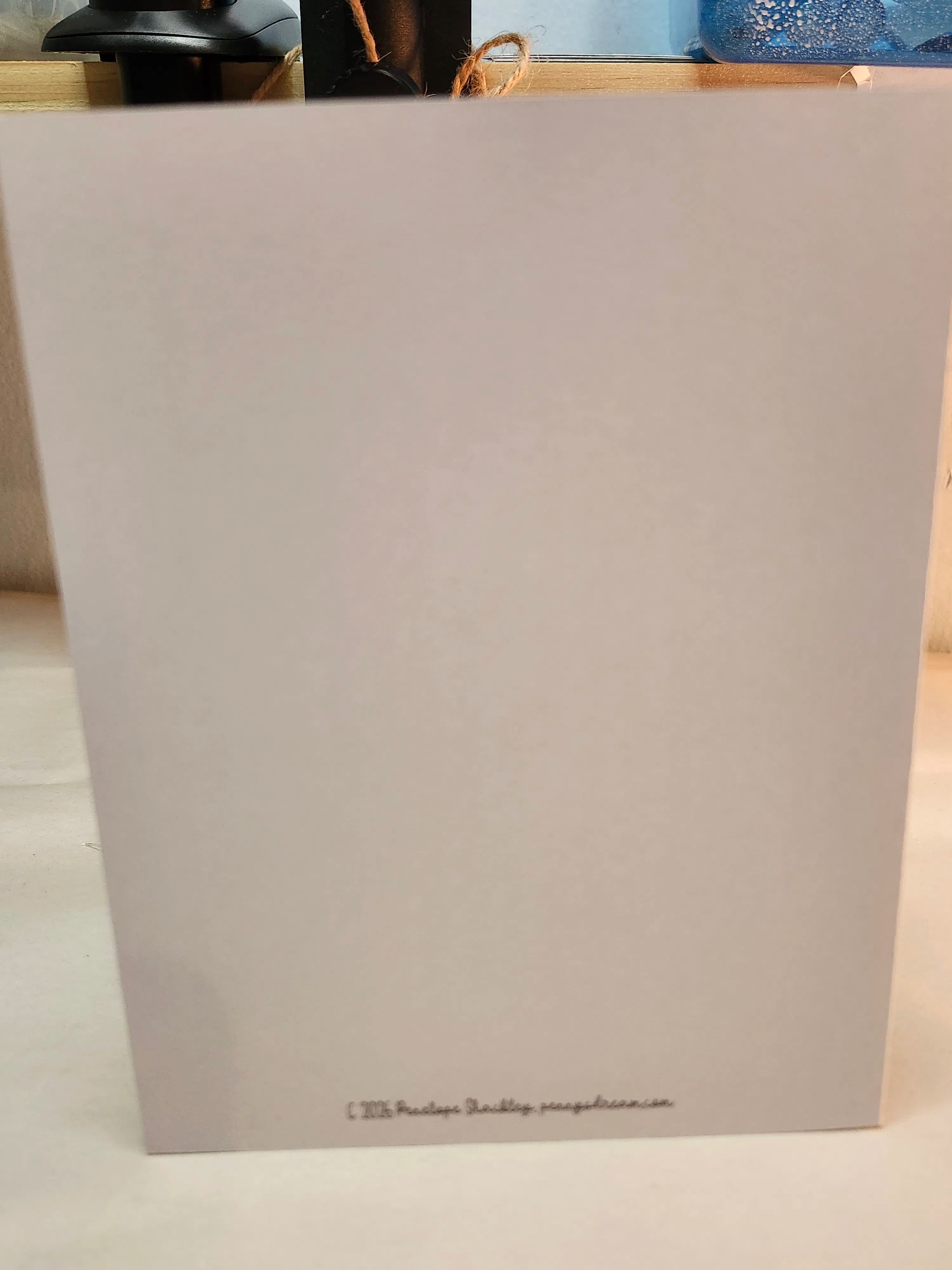 A large, plain off-white rectangular box or board standing upright on a light surface, with a small cursive website printed near the bottom edge. The background is slightly blurred and includes household items.
