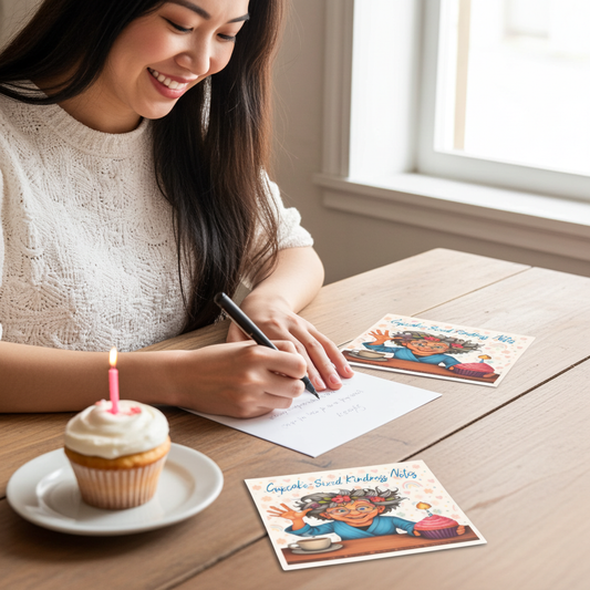 Woman writing a birthday card with a cupcake and candle on a table