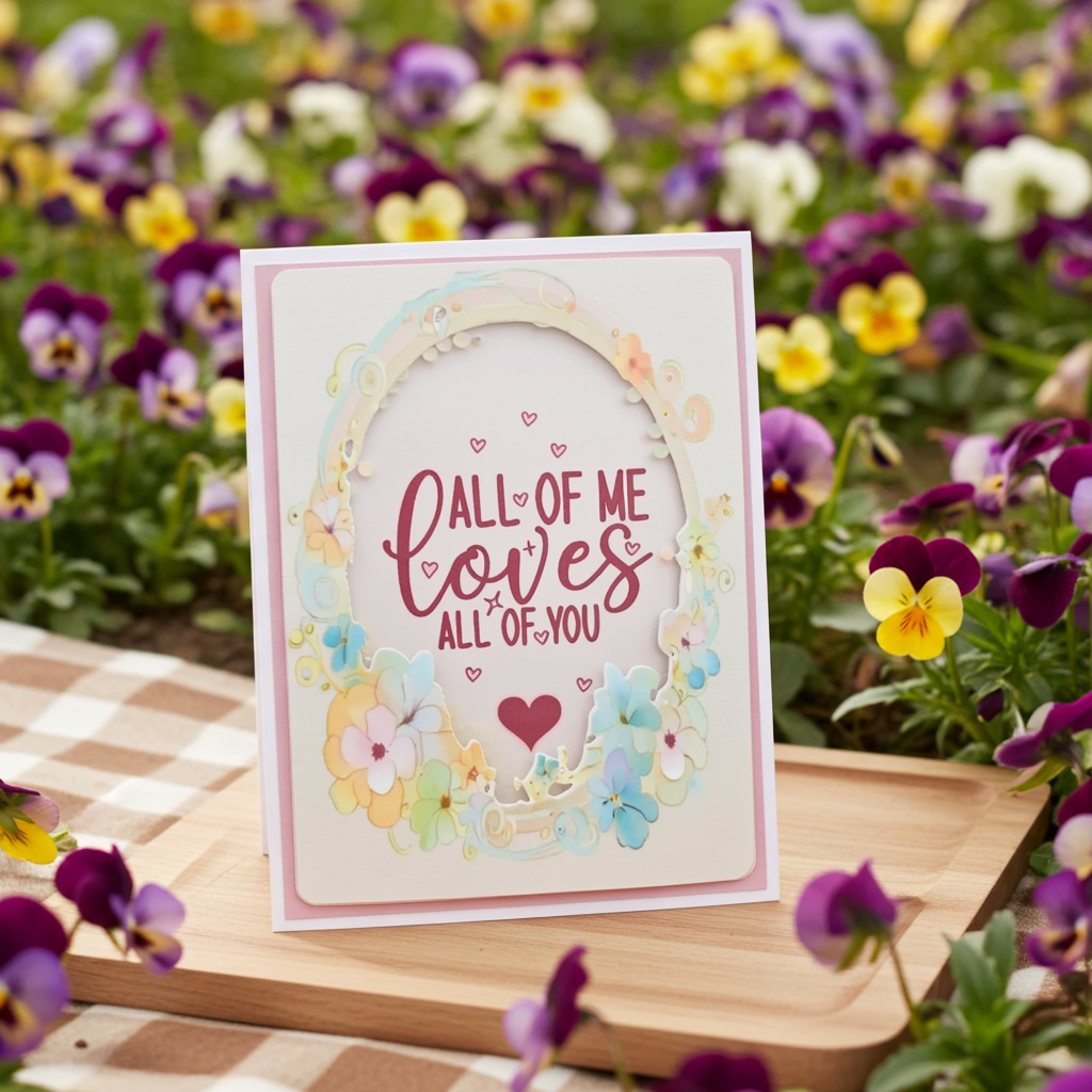 Greeting card with 'All of Me Loves All of You' text in a floral frame, placed on a wooden surface with flowers in the background.