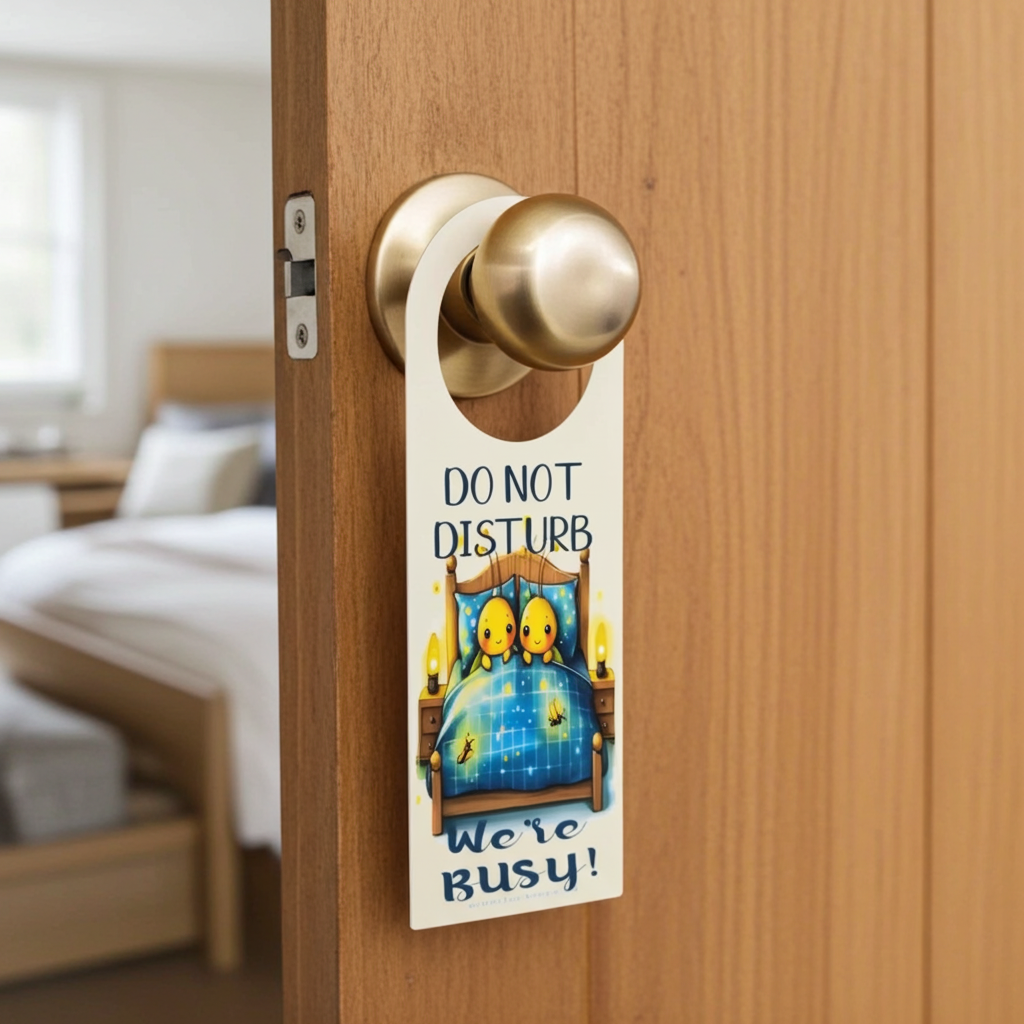 Door with 'Do Not Disturb' sign in a bedroom setting