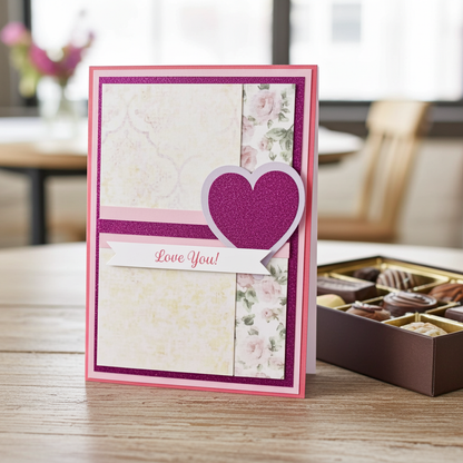 Greeting card with a purple heart and 'Love You!' text on a wooden surface with a box of chocolates.