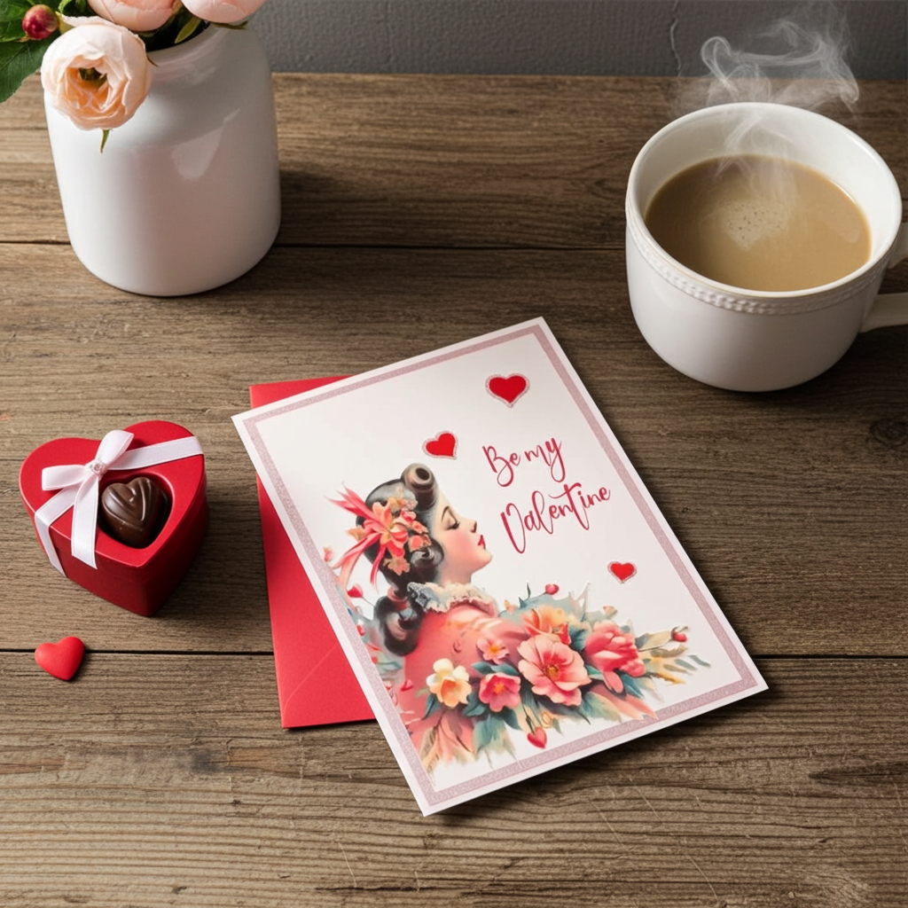 Valentine's Day card with a woman holding flowers, a cup of coffee, and a heart-shaped chocolate box on a wooden table.