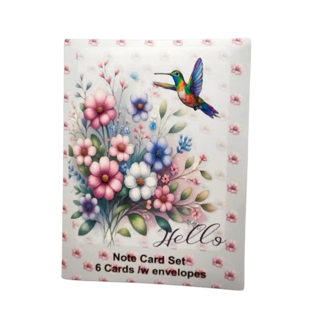 Note card set with floral design and hummingbird on a white background