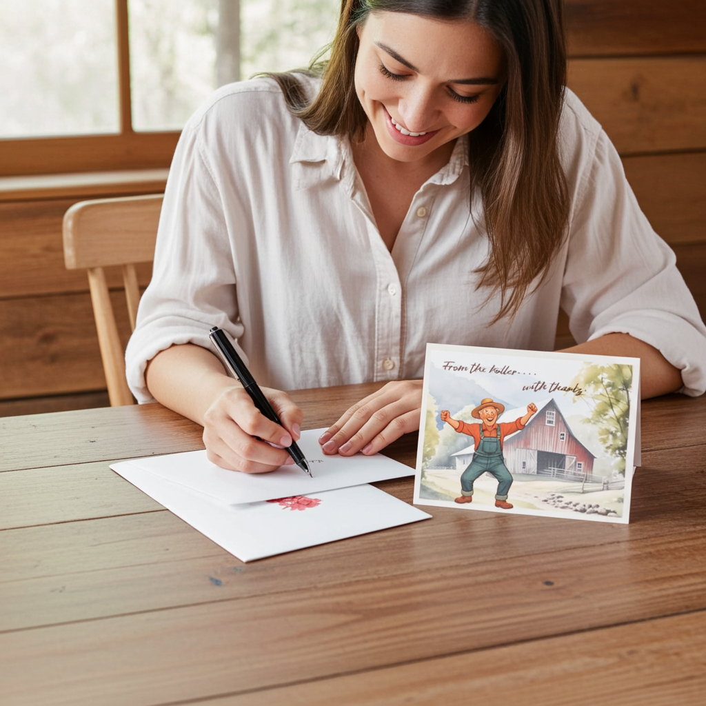 Woman writing a letter at a wooden table with a greeting card featuring a farmer and barn design.