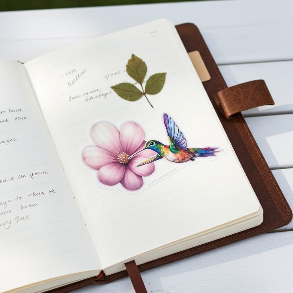 Open notebook with a colorful illustration of a hummingbird and pink flower on a white surface.