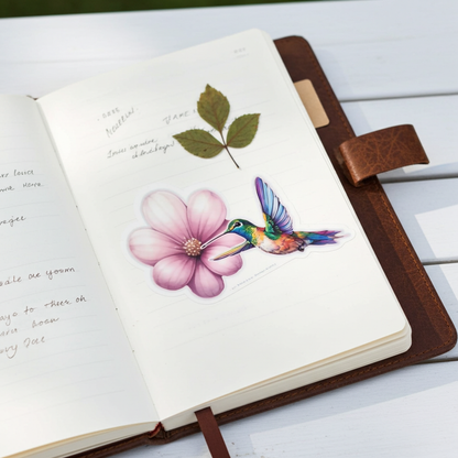 Open notebook with a colorful illustration of a hummingbird and pink flower on a white surface.