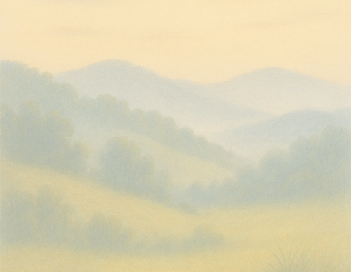 Hazy landscape with mountains and fields in soft pastel colors