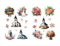 A collection of watercolor-style wedding and church illustrations on a white background, including floral bouquets, church buildings, bride and groom figures, hearts, and an anniversary banner.