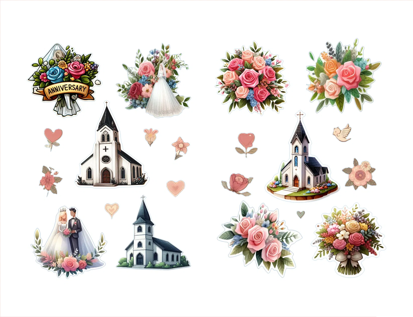 A collection of watercolor-style wedding and church illustrations on a white background, including floral bouquets, church buildings, bride and groom figures, hearts, and an anniversary banner.