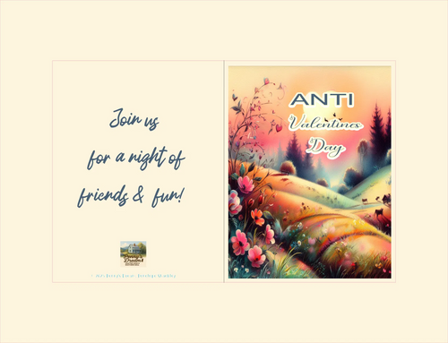 A square invitation card design with a cream background, featuring a colorful illustrated landscape on the right with the text 'ANTI Valentines Day' and a left panel that reads 'Join us for a night of friends & fun!' with a small venue logo near the bottom.