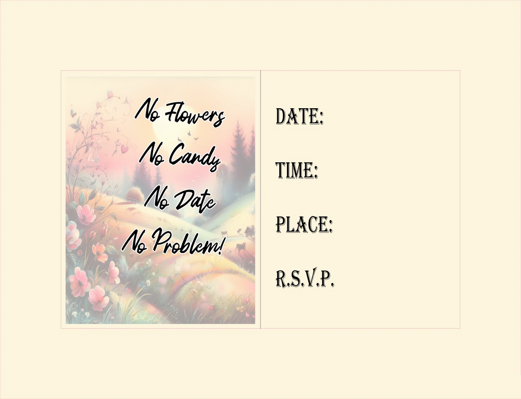 A square card or sign with a cream background, featuring a pastel floral illustration on the left with the text 'No Flowers No Candy No Date No Problem!' and blank lines on the right reading 'DATE:', 'TIME:', 'PLACE:', and 'R.S.