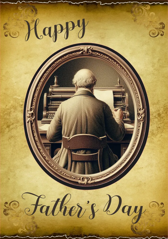 Vintage-style Father's Day card with an oval frame showing a man at a piano, on a textured yellow background.