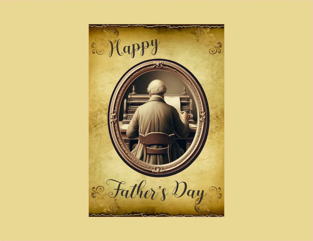 Father's Day card with a vintage-style oval frame featuring an older man playing a piano.