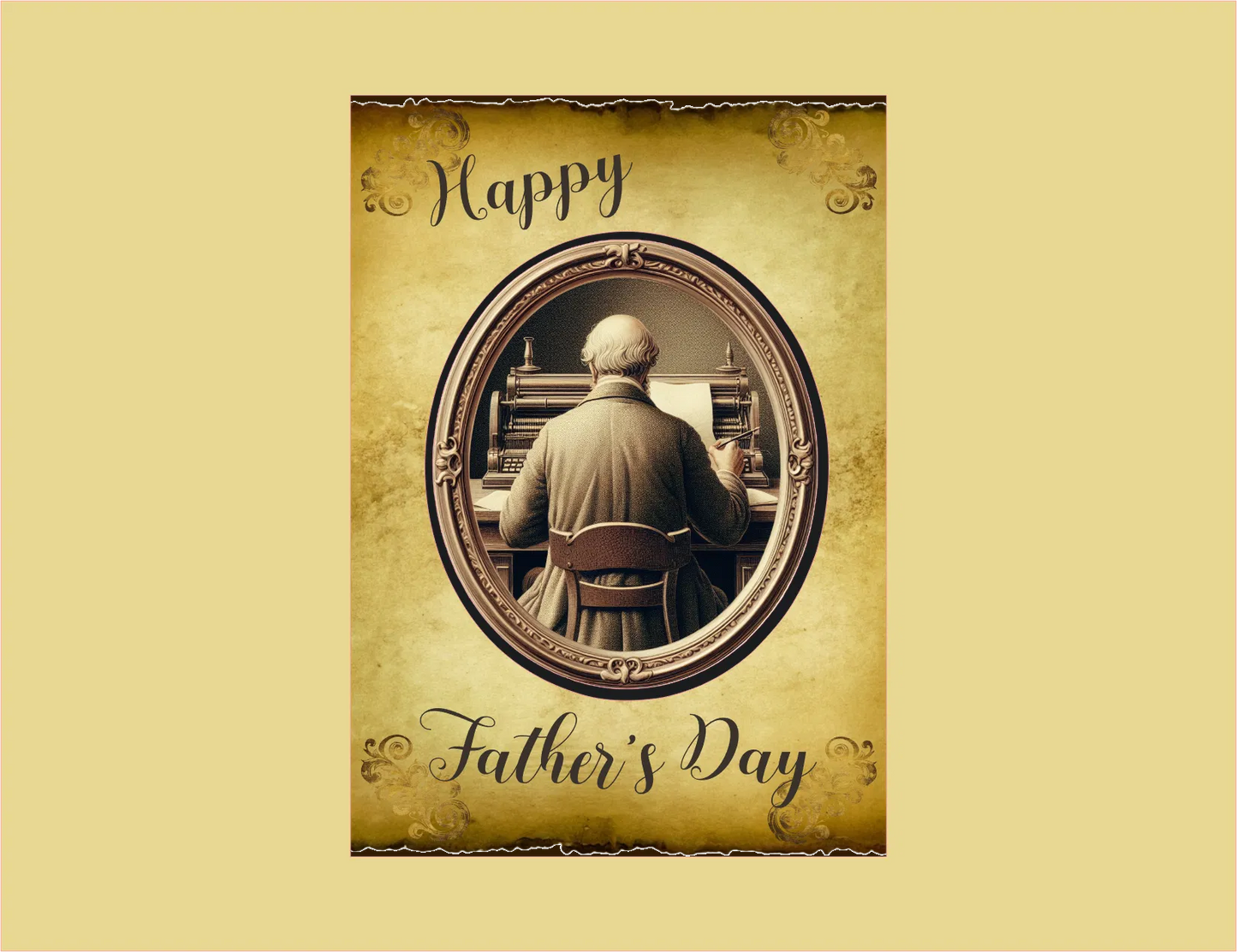 Father's Day card with a vintage-style oval frame featuring an older man playing a piano.