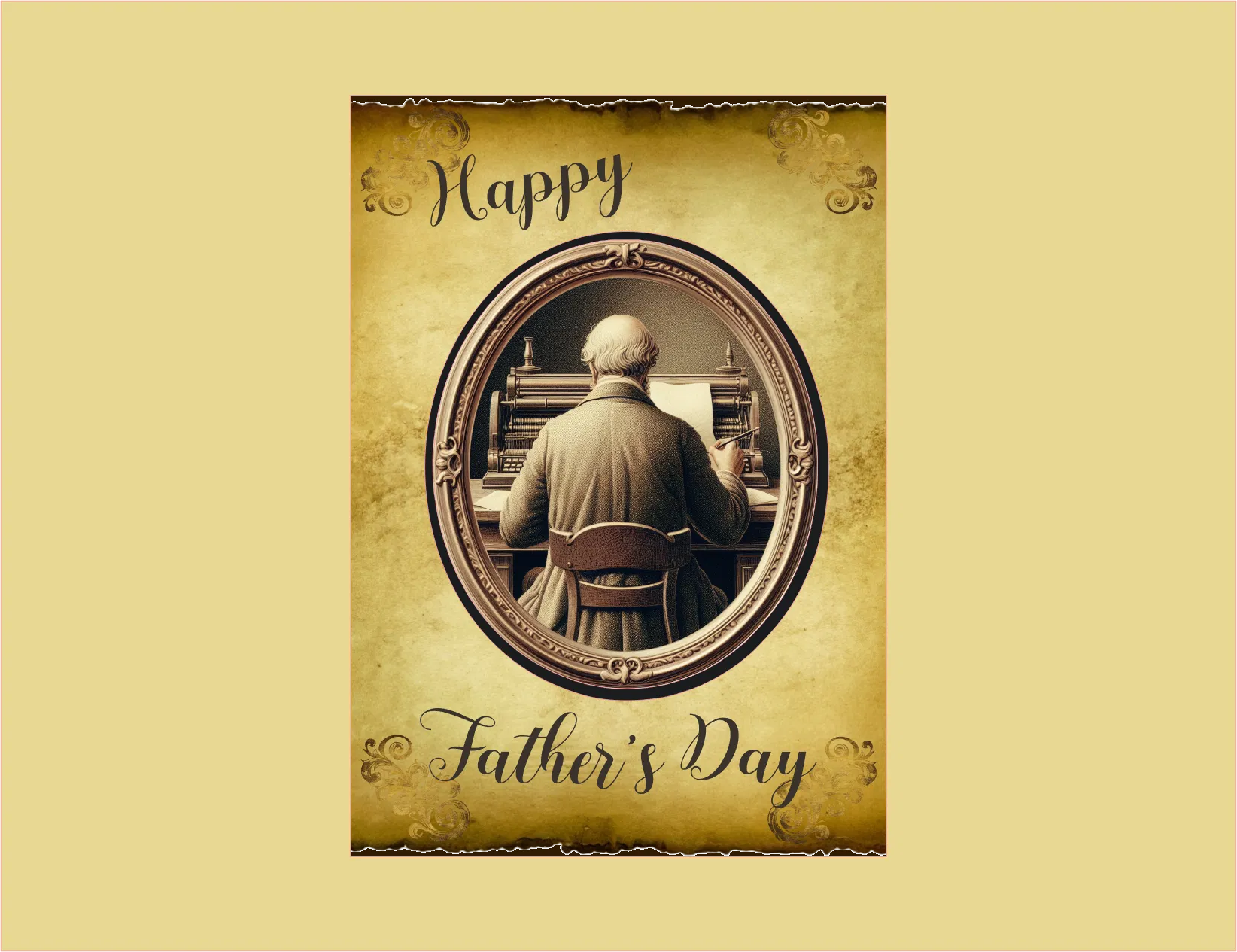 Father's Day card with a vintage-style oval frame featuring an older man playing a piano.