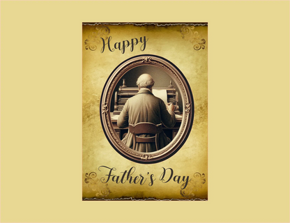 Father's Day card with a vintage-style oval frame featuring an older man playing a piano.