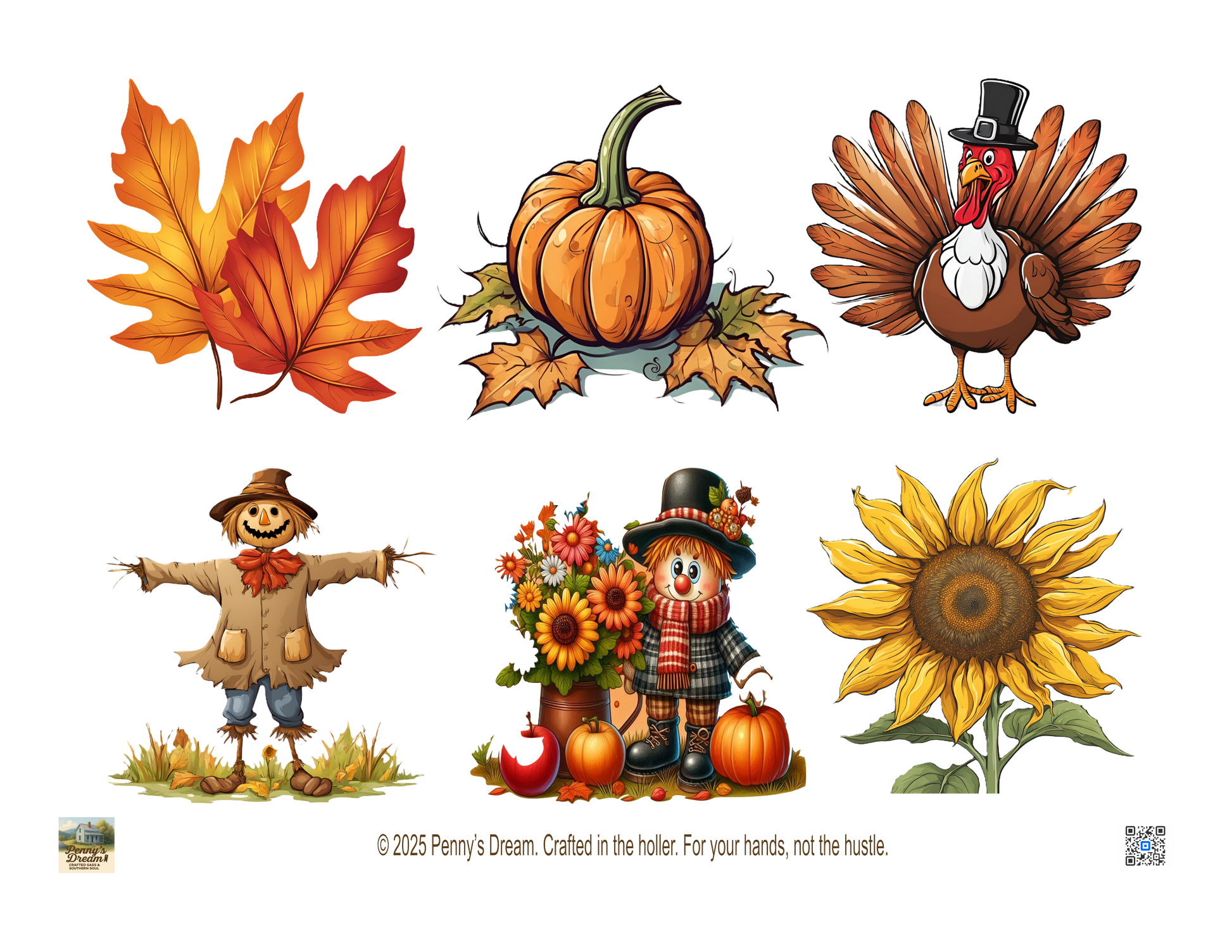 Set of Thanksgiving-themed illustrations including a turkey, pumpkin, sunflower, scarecrow, and leaves on a white background.