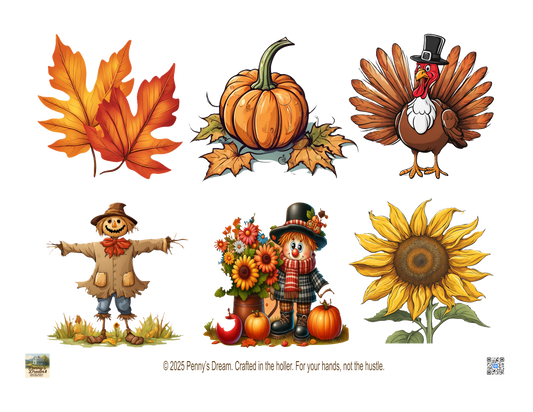 Set of Thanksgiving-themed illustrations including a turkey, pumpkin, sunflower, scarecrow, and leaves on a white background.