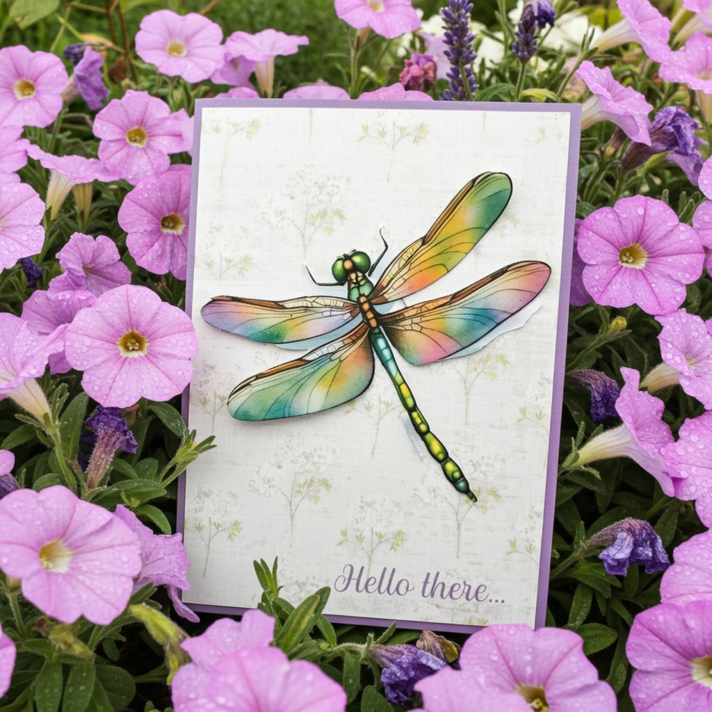 Card with a colorful dragonfly design surrounded by pink flowers