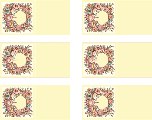 Six identical decorative cards arranged in a 3-by-2 grid on a white background. Each card has a pale yellow center panel and a matching floral wreath-style border featuring pastel striped eggs, flowers, and leaves.