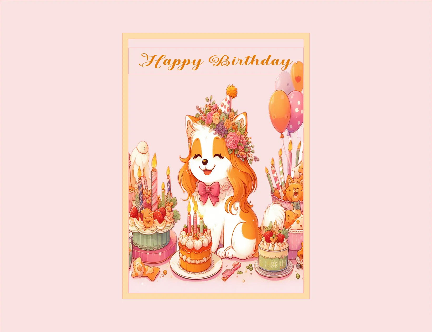 A cute illustrated birthday card featuring a smiling orange-and-white dog wearing a flower crown and pink bow tie, surrounded by birthday cakes, balloons, and candles, with the words 'Happy Birthday' at the top, set against a pale pink background.