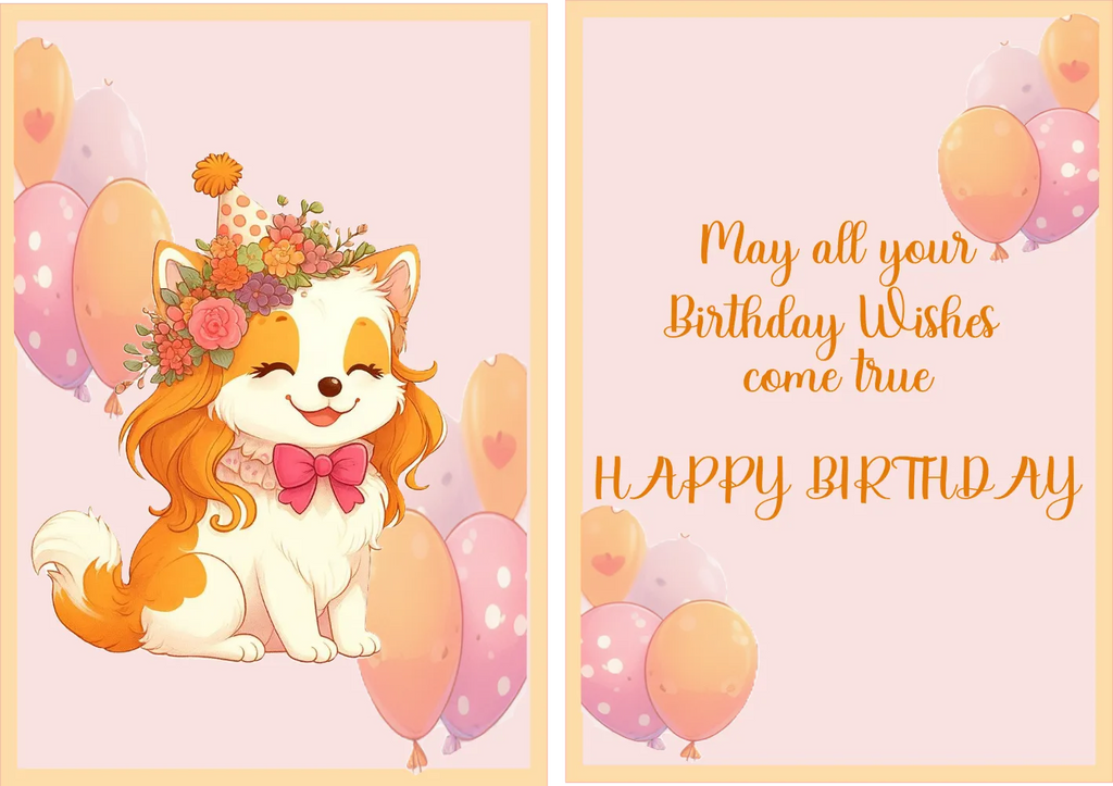 A two-panel birthday card design with a cute cartoon puppy wearing a flower crown and pink bow, surrounded by pastel balloons, alongside the text 'May all your Birthday Wishes come true HAPPY BIRTHDAY' on a soft pink background.