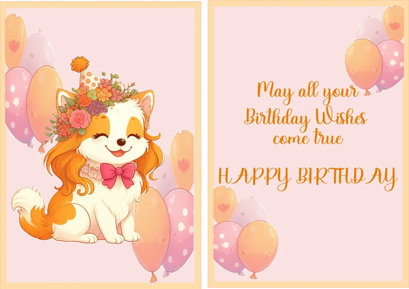 A two-panel birthday card design with a cute cartoon puppy wearing a flower crown and pink bow, surrounded by pastel balloons, alongside the text 'May all your Birthday Wishes come true HAPPY BIRTHDAY' on a soft pink background.